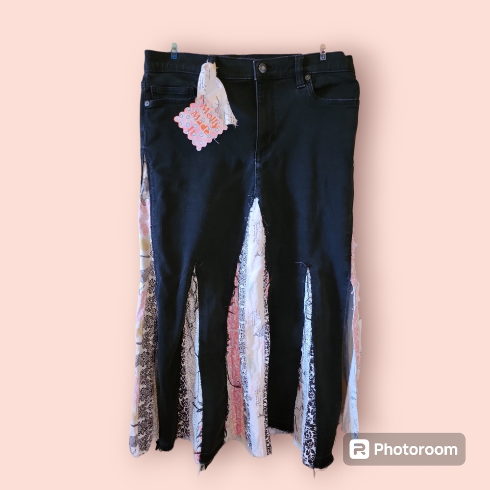 HAND CRAFTED Maxi Skirt UPCYCLED Black Denim Floral Pink Black Prints Size 12
